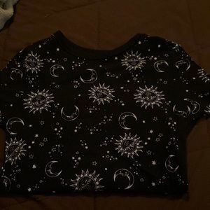 Black shirt with moon and sun with faces